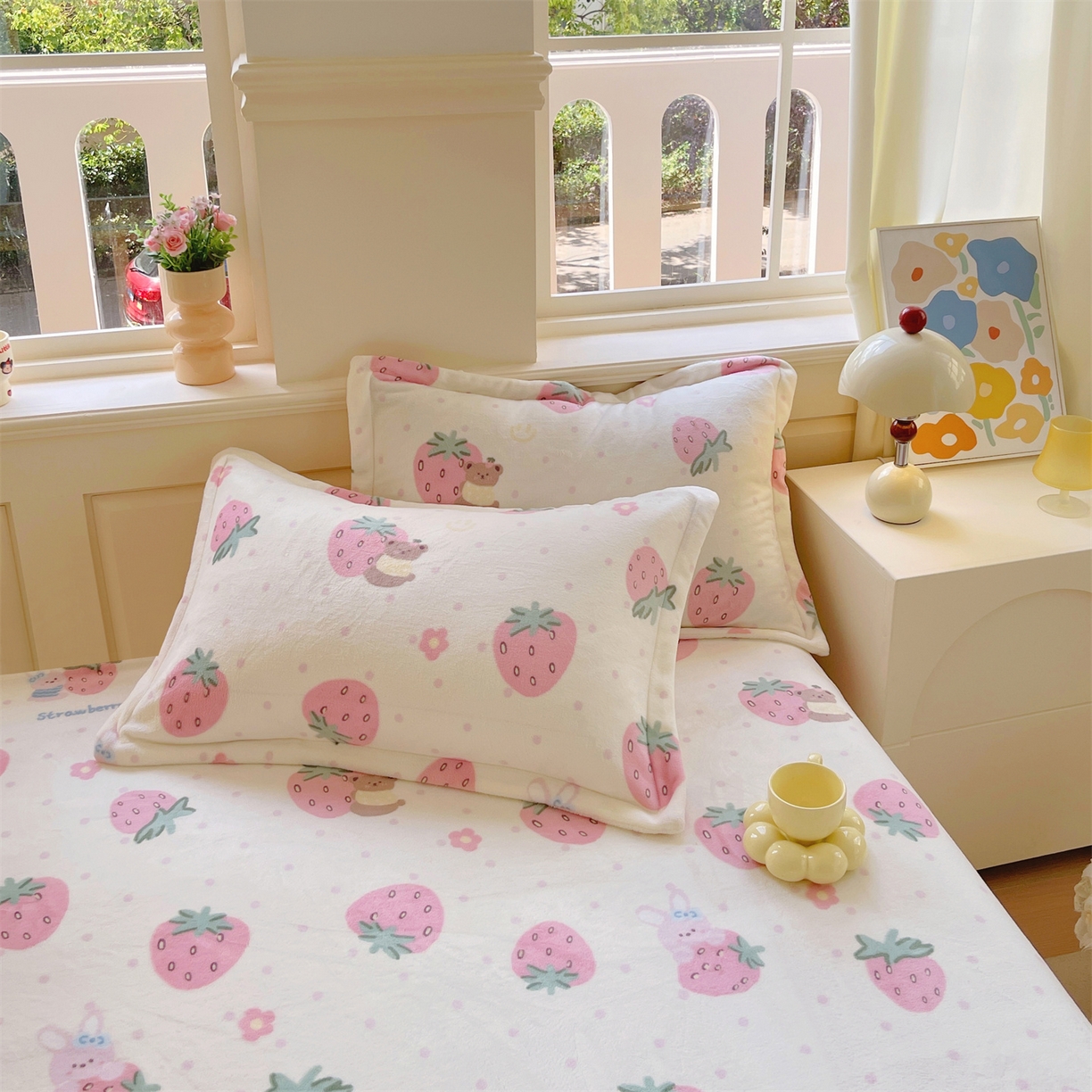 凯儿家纺 2025新款A类加厚高克重印花牛奶绒单枕套 奶油草莓