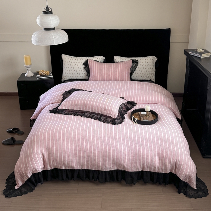 （总）玛奇朵 2024新品法式蕾丝网纱花边款A类色织皱皱纱系列四件套-梅里达情人