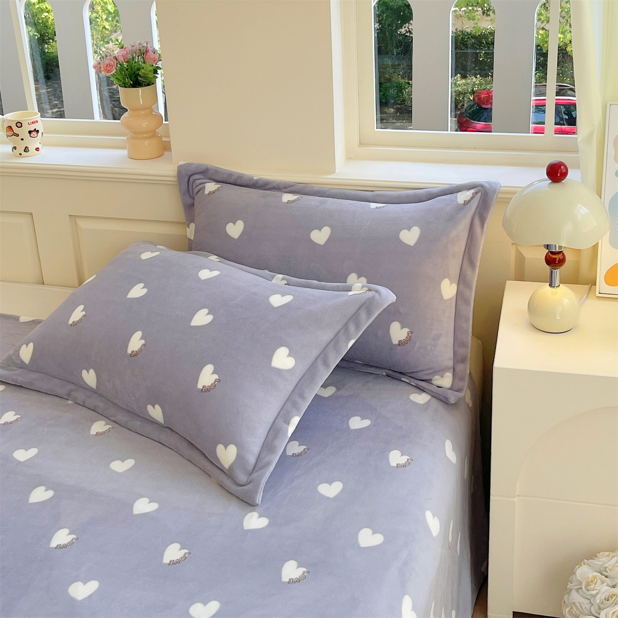 91家纺网 家纺一手货源 找家纺 凯儿家纺 2025新款A类加厚高克重印花牛奶绒单枕套 心心相印-灰