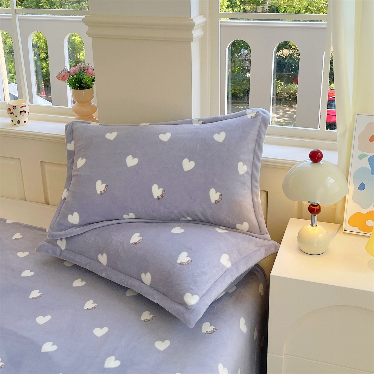 91家纺网 家纺一手货源 找家纺 凯儿家纺 2025新款A类加厚高克重印花牛奶绒单枕套 心心相印-灰