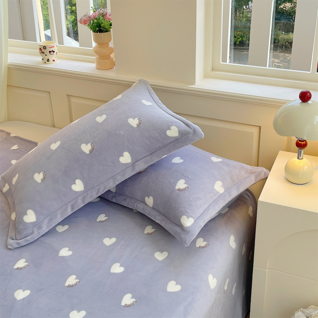 91家纺网 家纺一手货源 找家纺 凯儿家纺 2025新款A类加厚高克重印花牛奶绒单枕套 心心相印-灰