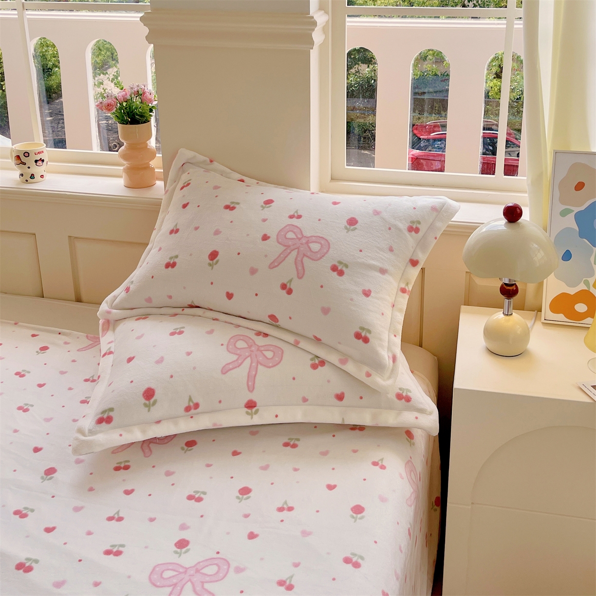 91家纺网 家纺一手货源 找家纺 凯儿家纺 2025新款A类加厚高克重印花牛奶绒单枕套 樱桃结语