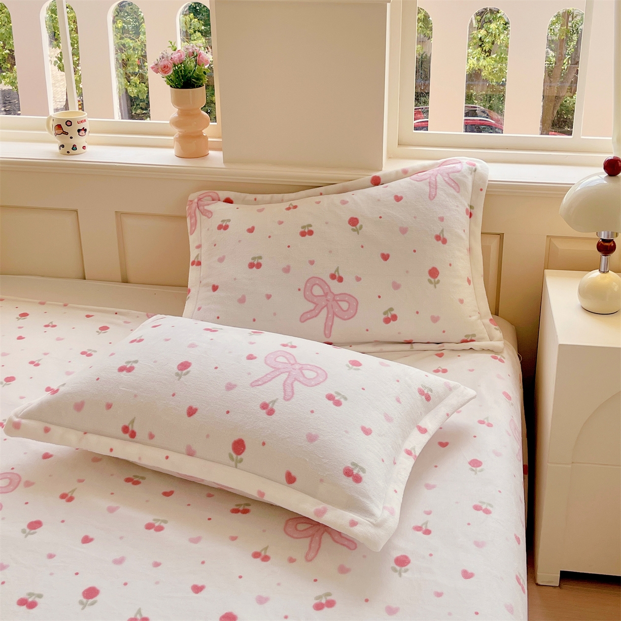 凯儿家纺 2025新款A类加厚高克重印花牛奶绒单枕套 樱桃结语