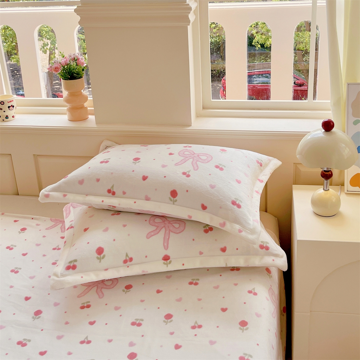 91家纺网 家纺一手货源 找家纺 凯儿家纺 2025新款A类加厚高克重印花牛奶绒单枕套 樱桃结语