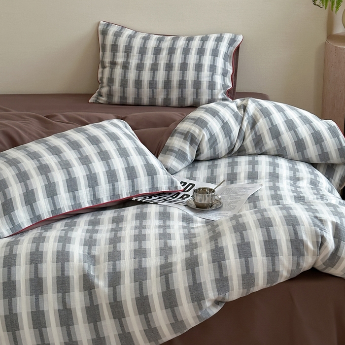 91家纺网 家纺一手货源 找家纺 （总）玛奇朵 2024秋冬新品韩国A类色织提花双层皱皱纱四件套-摩登