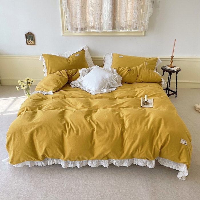 91家纺网 家纺一手货源 找家纺 贝尔 PELLHOME 全棉水洗棉镂空刺绣宽花边套件场景二（可抖音代发） 麦穗黄