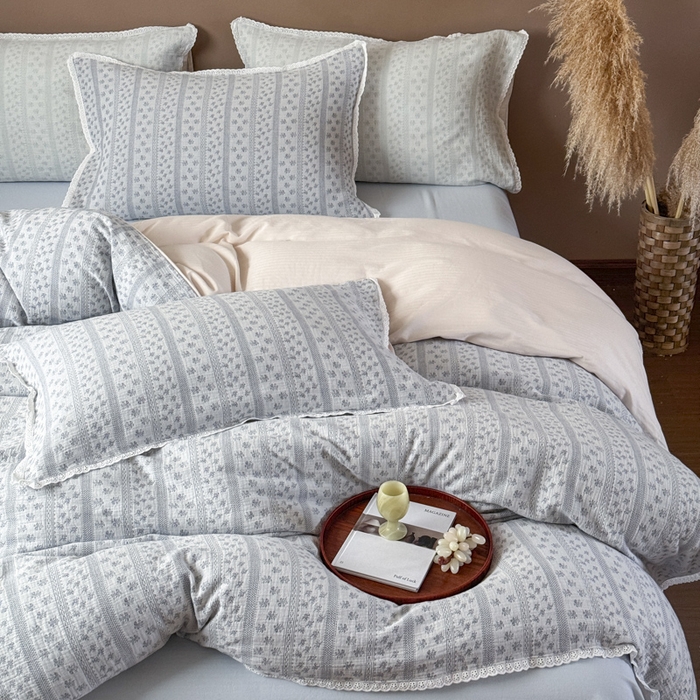 91家纺网 家纺一手货源 找家纺 （总）玛奇朵 2025新品文艺清新色织双层皱皱纱四件套-春熙里系列