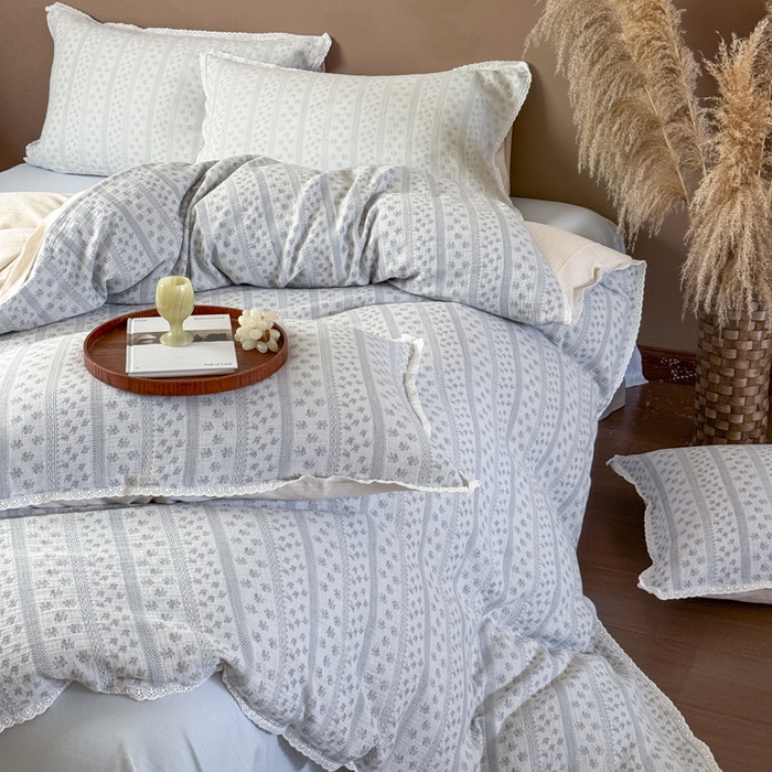 91家纺网 家纺一手货源 找家纺 （总）玛奇朵 2025新品文艺清新色织双层皱皱纱四件套-春熙里系列