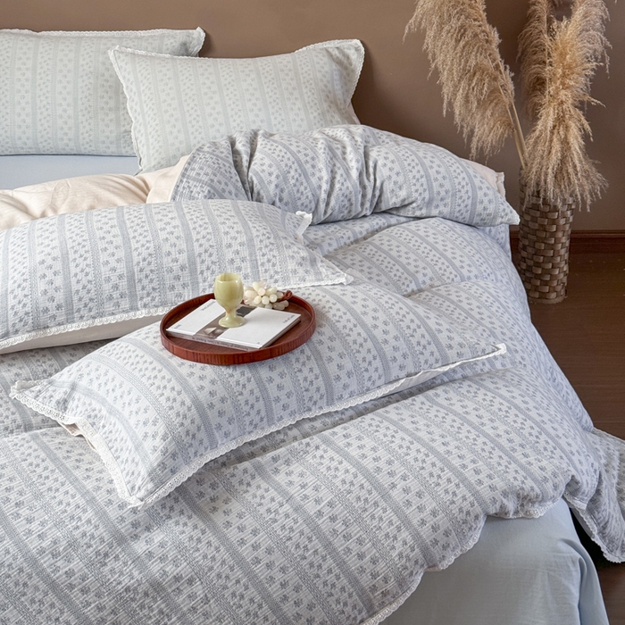 91家纺网 家纺一手货源 找家纺 （总）玛奇朵 2025新品文艺清新色织双层皱皱纱四件套-春熙里系列