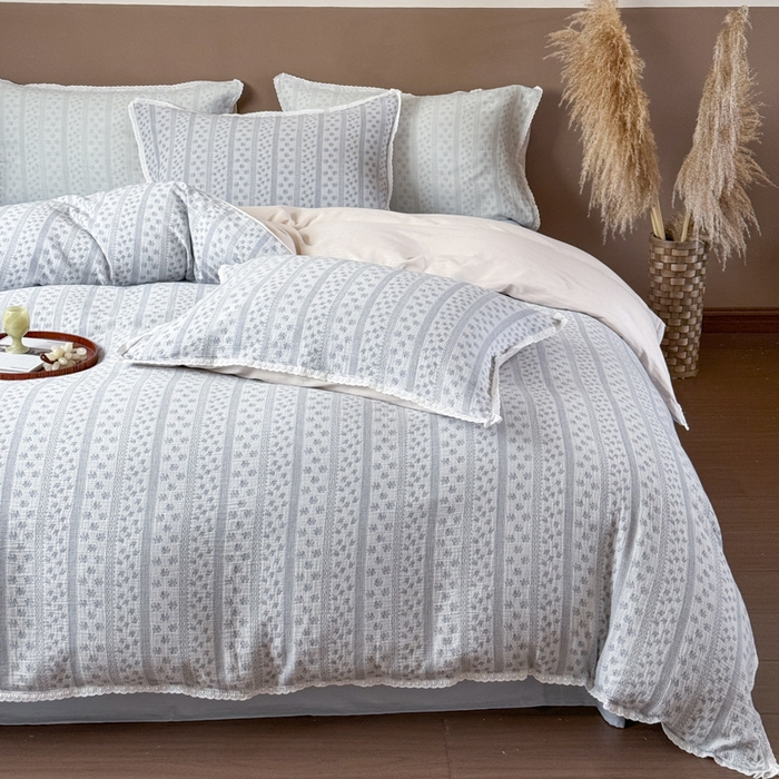 91家纺网 家纺一手货源 找家纺 （总）玛奇朵 2025新品文艺清新色织双层皱皱纱四件套-春熙里系列