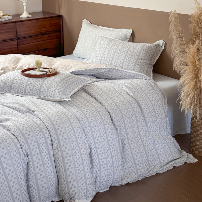 91家纺网 家纺一手货源 找家纺 （总）玛奇朵 2025新品文艺清新色织双层皱皱纱四件套-春熙里系列