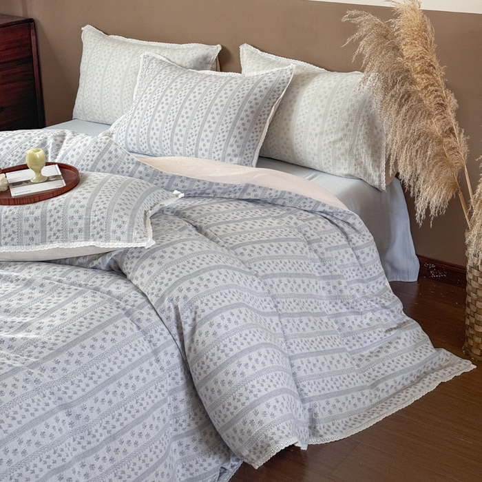 91家纺网 家纺一手货源 找家纺 （总）玛奇朵 2025新品文艺清新色织双层皱皱纱四件套-春熙里系列