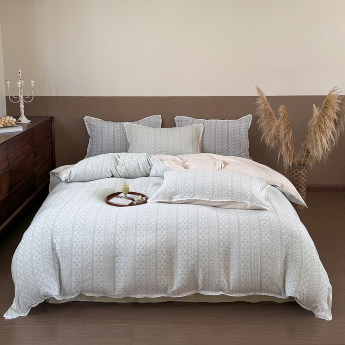 91家纺网 家纺一手货源 找家纺 （总）玛奇朵 2025新品文艺清新色织双层皱皱纱四件套-春熙里系列