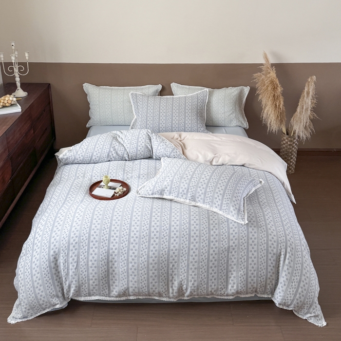 91家纺网 家纺一手货源 找家纺 （总）玛奇朵 2025新品文艺清新色织双层皱皱纱四件套-春熙里系列