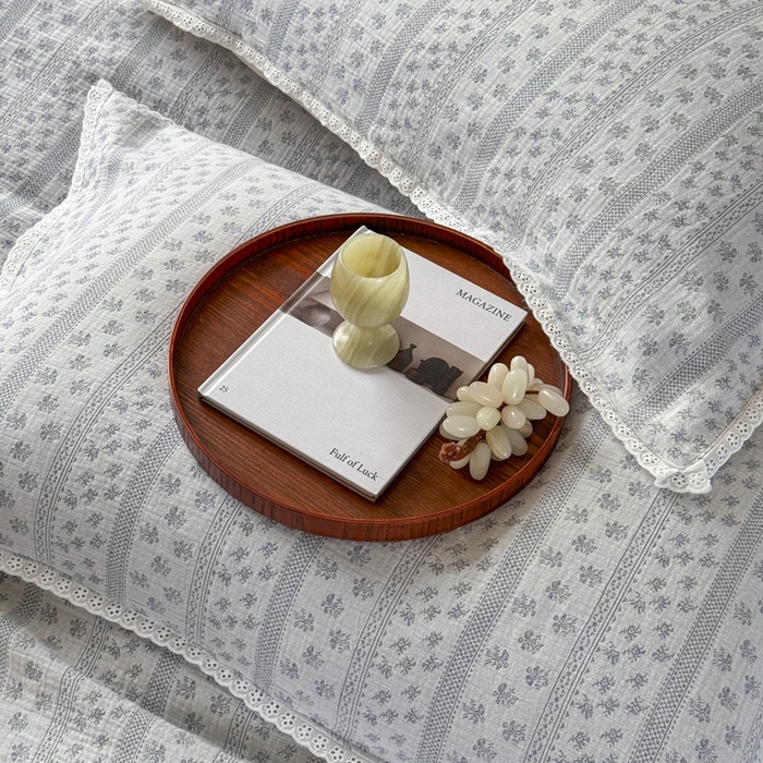 91家纺网 家纺一手货源 找家纺 玛奇朵 2025新品文艺清新色织双层皱皱纱四件套-春熙里系列 春熙里-蓝