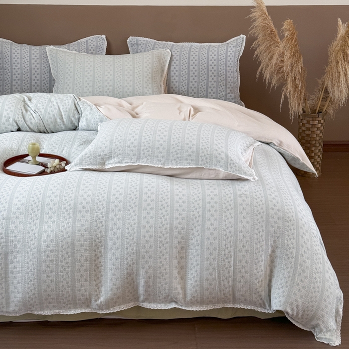 91家纺网 家纺一手货源 找家纺 玛奇朵 2025新品文艺清新色织双层皱皱纱四件套-春熙里系列 春熙里-绿