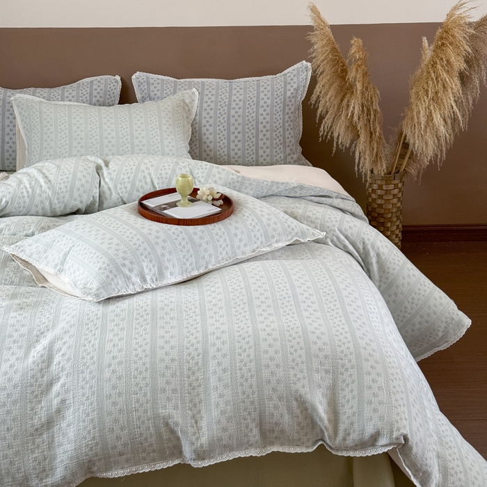 91家纺网 家纺一手货源 找家纺 玛奇朵 2025新品文艺清新色织双层皱皱纱四件套-春熙里系列 春熙里-绿