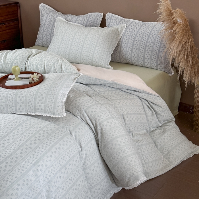 91家纺网 家纺一手货源 找家纺 玛奇朵 2025新品文艺清新色织双层皱皱纱四件套-春熙里系列 春熙里-绿