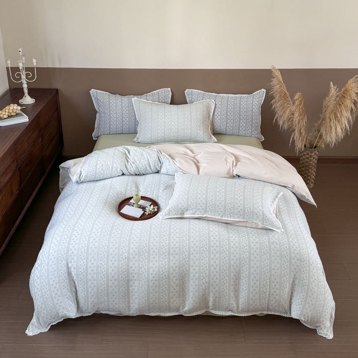 91家纺网 家纺一手货源 找家纺 玛奇朵 2025新品文艺清新色织双层皱皱纱四件套-春熙里系列 春熙里-绿