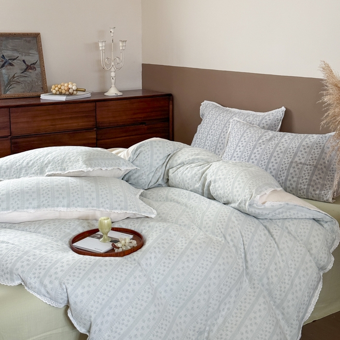 91家纺网 家纺一手货源 找家纺 玛奇朵 2025新品文艺清新色织双层皱皱纱四件套-春熙里系列 春熙里-绿