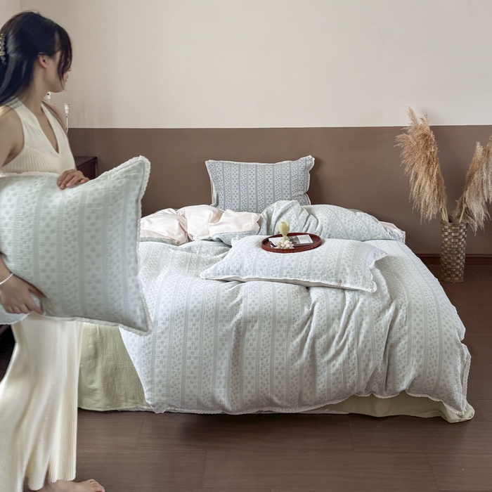 91家纺网 家纺一手货源 找家纺 玛奇朵 2025新品文艺清新色织双层皱皱纱四件套-春熙里系列 春熙里-绿