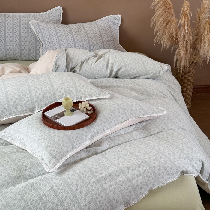 91家纺网 家纺一手货源 找家纺 玛奇朵 2025新品文艺清新色织双层皱皱纱四件套-春熙里系列 春熙里-绿