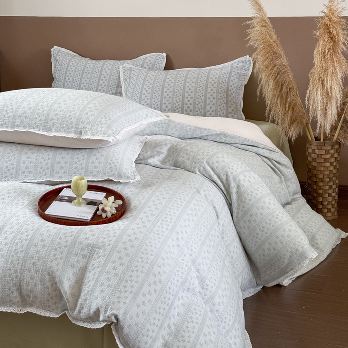 91家纺网 家纺一手货源 找家纺 玛奇朵 2025新品文艺清新色织双层皱皱纱四件套-春熙里系列 春熙里-绿