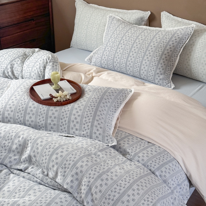 91家纺网 家纺一手货源 找家纺 （总）玛奇朵 2025新品文艺清新色织双层皱皱纱四件套-春熙里系列