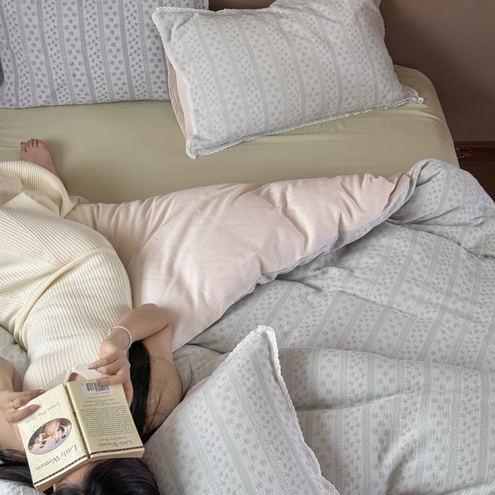 91家纺网 家纺一手货源 找家纺 玛奇朵 2025新品文艺清新色织双层皱皱纱四件套-春熙里系列 春熙里-绿