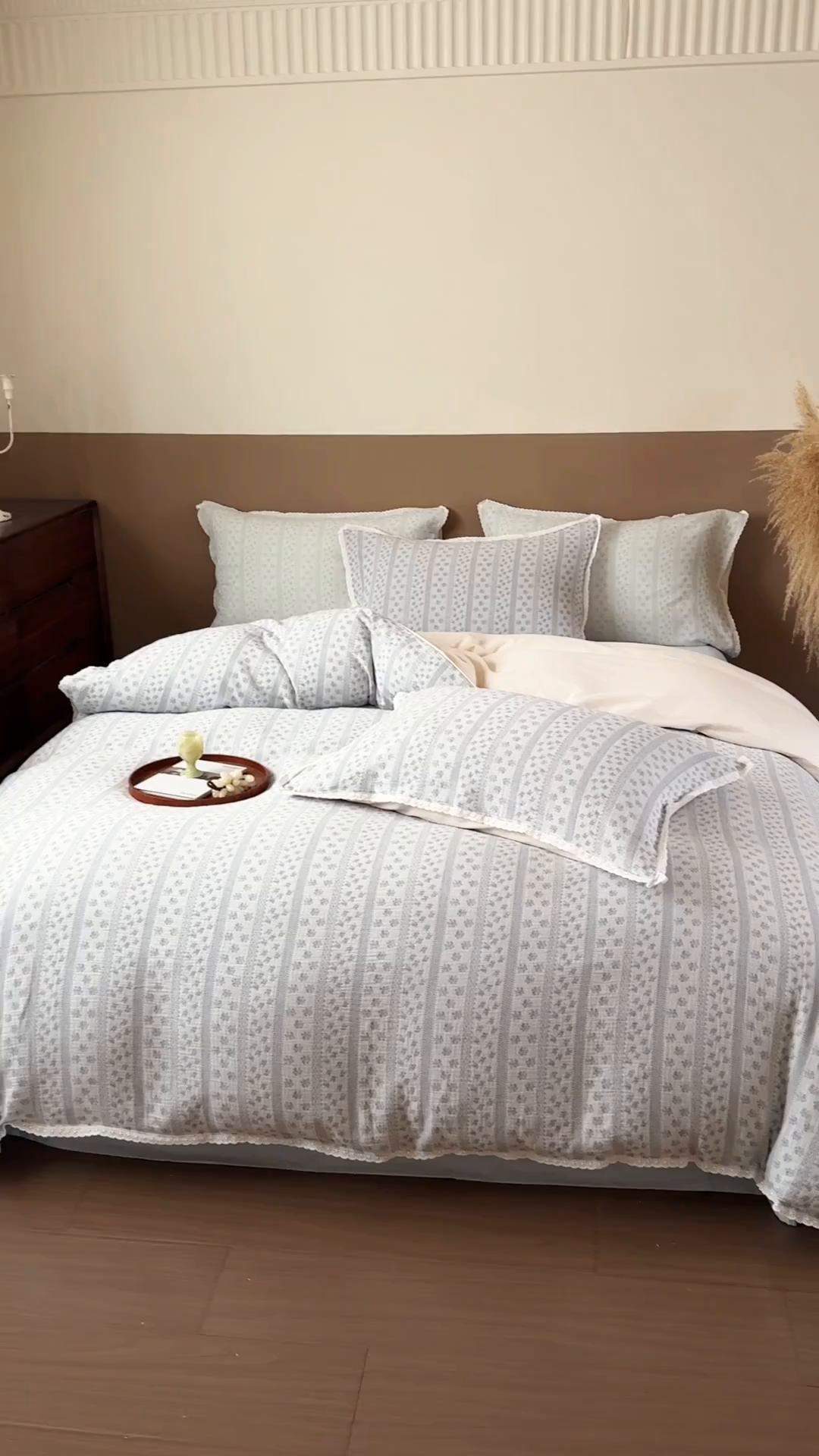 91家纺网 家纺一手货源 找家纺 （总）玛奇朵 2025新品文艺清新色织双层皱皱纱四件套-春熙里系列