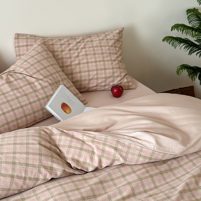 91家纺网 家纺一手货源 找家纺 玛奇朵 2025新品文艺复古全棉色织水洗棉提花四件套-忆时光 忆时光-粉