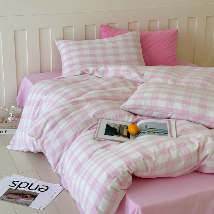 91家纺网 家纺一手货源 找家纺 （总）玛奇朵 2025春夏新品A类全棉水洗色织双层皱纱四件套-森系格纹