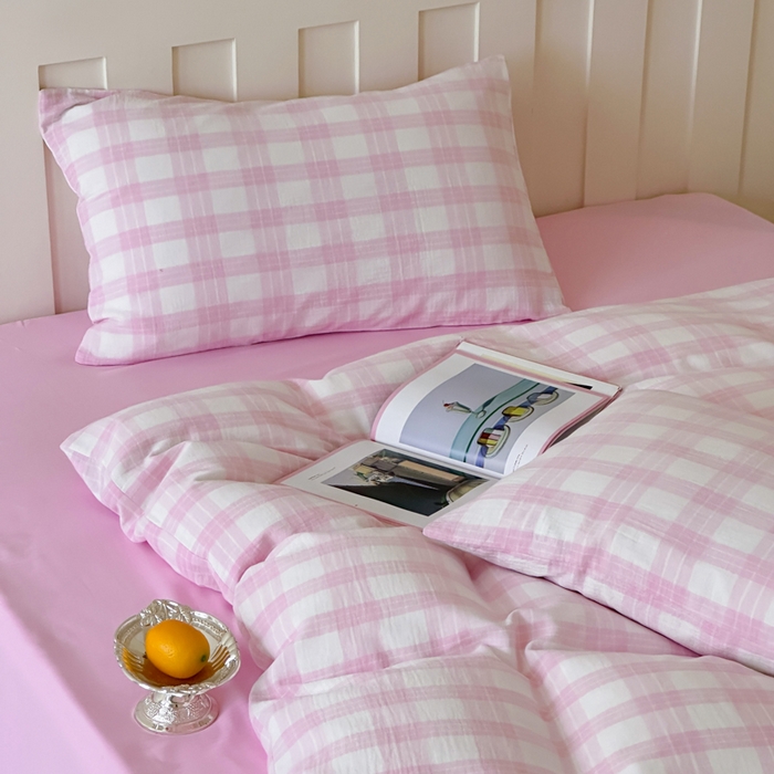 91家纺网 家纺一手货源 找家纺 （总）玛奇朵 2025春夏新品A类全棉水洗色织双层皱纱四件套-森系格纹