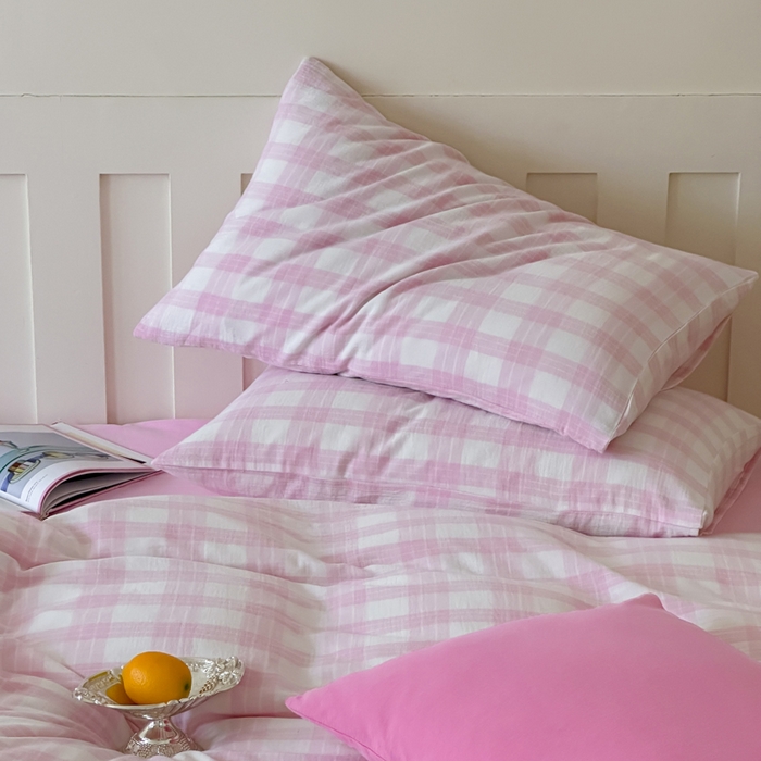 91家纺网 家纺一手货源 找家纺 （总）玛奇朵 2025春夏新品A类全棉水洗色织双层皱纱四件套-森系格纹