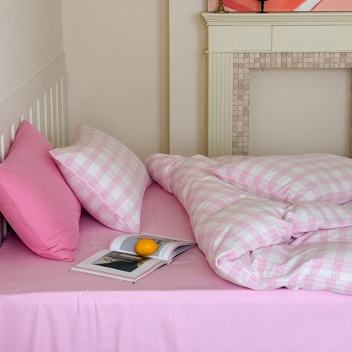 91家纺网 家纺一手货源 找家纺 （总）玛奇朵 2025春夏新品A类全棉水洗色织双层皱纱四件套-森系格纹