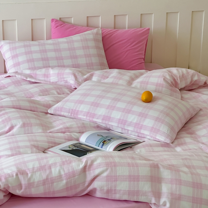 91家纺网 家纺一手货源 找家纺 （总）玛奇朵 2025春夏新品A类全棉水洗色织双层皱纱四件套-森系格纹