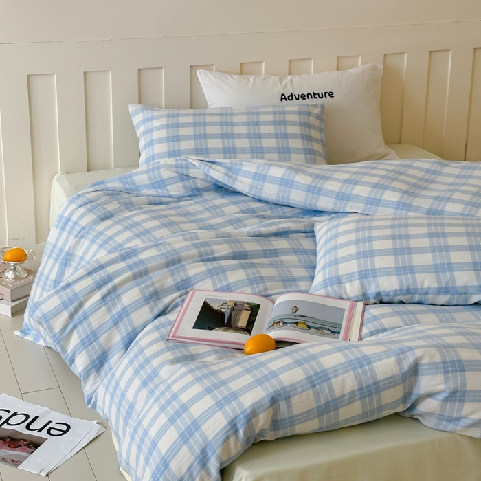 91家纺网 家纺一手货源 找家纺 玛奇朵 2025春夏新品A类全棉水洗色织双层皱纱四件套-森系格纹 森系格纹-小兰町（黄色床单）