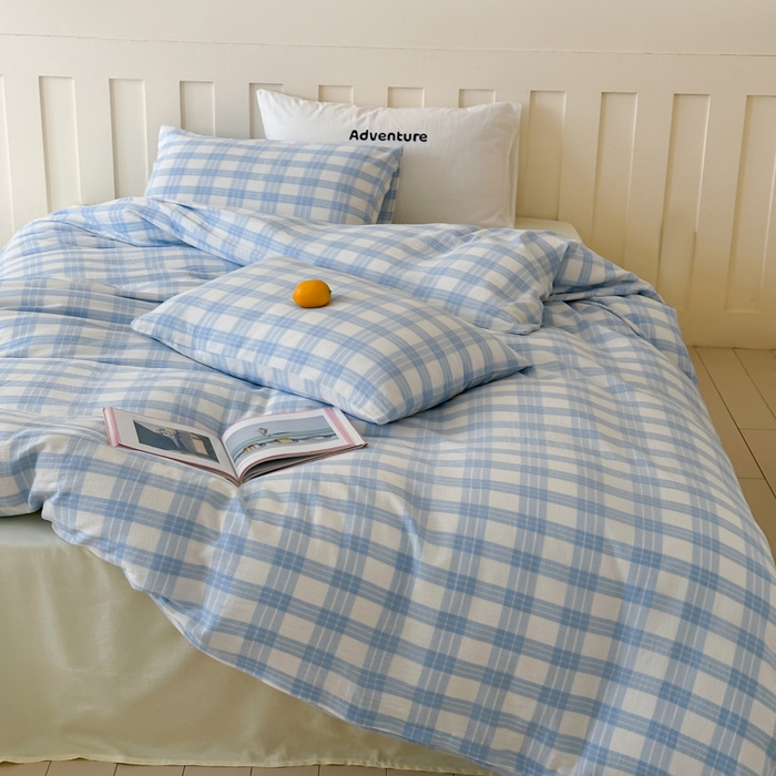 91家纺网 家纺一手货源 找家纺 玛奇朵 2025春夏新品A类全棉水洗色织双层皱纱四件套-森系格纹 森系格纹-小兰町（黄色床单）