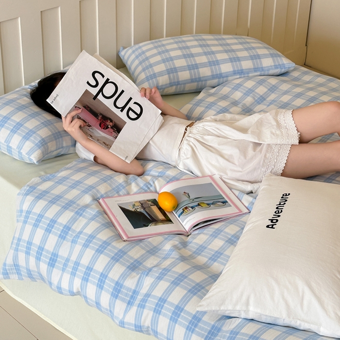 91家纺网 家纺一手货源 找家纺 玛奇朵 2025春夏新品A类全棉水洗色织双层皱纱四件套-森系格纹 森系格纹-小兰町（黄色床单）