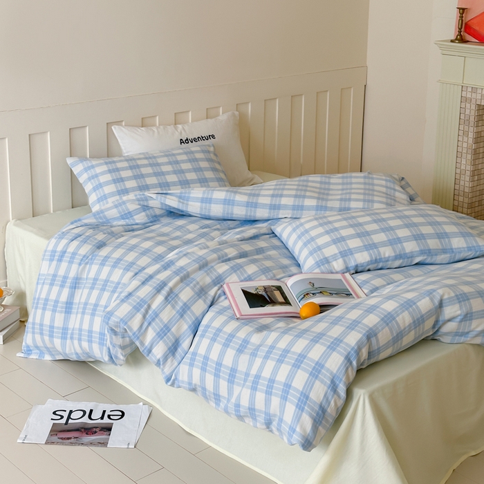 91家纺网 家纺一手货源 找家纺 （总）玛奇朵 2025春夏新品A类全棉水洗色织双层皱纱四件套-森系格纹