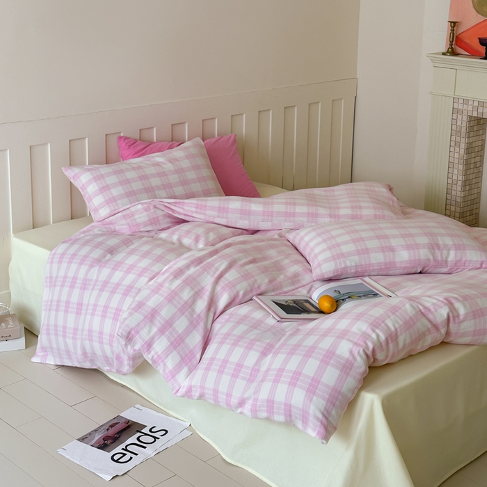 91家纺网 家纺一手货源 找家纺 （总）玛奇朵 2025春夏新品A类全棉水洗色织双层皱纱四件套-森系格纹