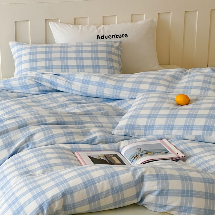 91家纺网 家纺一手货源 找家纺 玛奇朵 2025春夏新品A类全棉水洗色织双层皱纱四件套-森系格纹 森系格纹-小兰町（黄色床单）