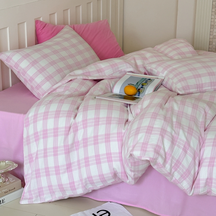 91家纺网 家纺一手货源 找家纺 （总）玛奇朵 2025春夏新品A类全棉水洗色织双层皱纱四件套-森系格纹