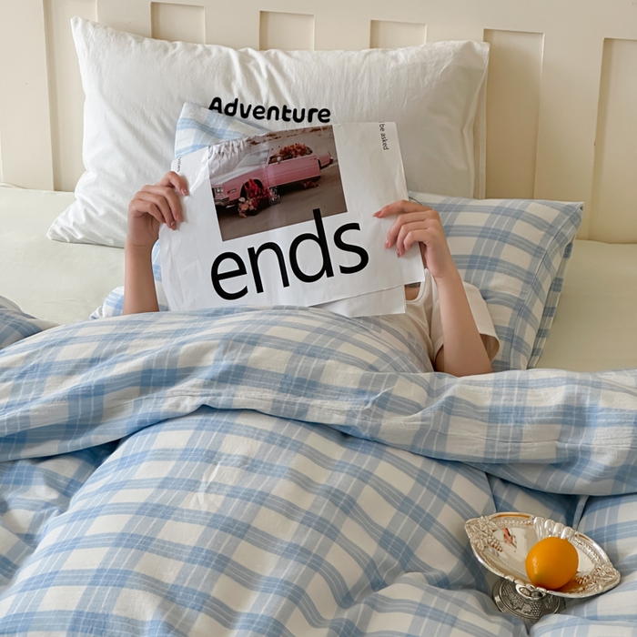 91家纺网 家纺一手货源 找家纺 玛奇朵 2025春夏新品A类全棉水洗色织双层皱纱四件套-森系格纹 森系格纹-小兰町（黄色床单）