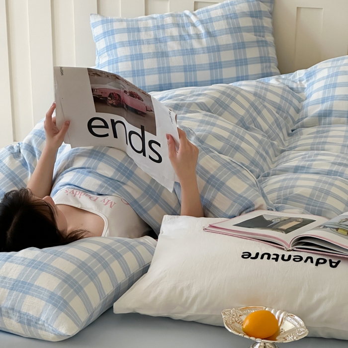 91家纺网 家纺一手货源 找家纺 玛奇朵 2025春夏新品A类全棉水洗色织双层皱纱四件套-森系格纹 森系格纹-小兰町（蓝色床单）