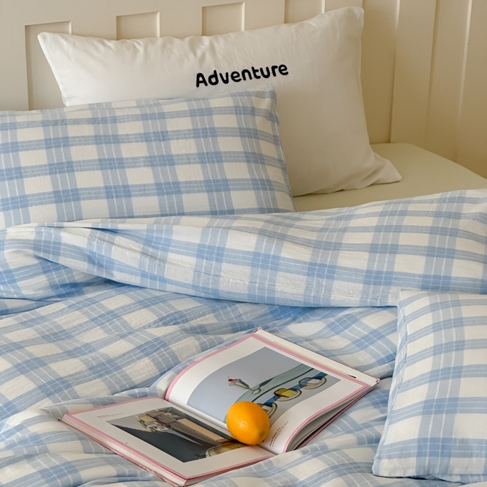 91家纺网 家纺一手货源 找家纺 玛奇朵 2025春夏新品A类全棉水洗色织双层皱纱四件套-森系格纹 森系格纹-小兰町（黄色床单）