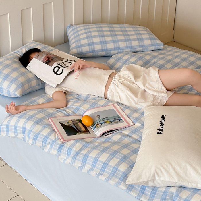 91家纺网 家纺一手货源 找家纺 玛奇朵 2025春夏新品A类全棉水洗色织双层皱纱四件套-森系格纹 森系格纹-小兰町（蓝色床单）