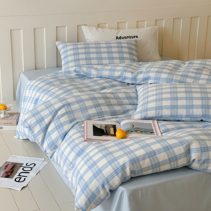 91家纺网 家纺一手货源 找家纺 玛奇朵 2025春夏新品A类全棉水洗色织双层皱纱四件套-森系格纹 森系格纹-小兰町（蓝色床单）