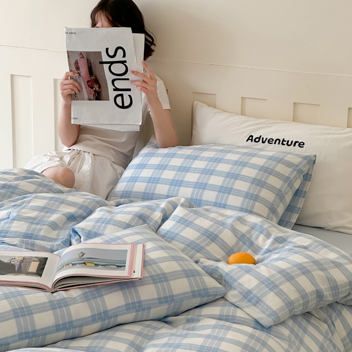 91家纺网 家纺一手货源 找家纺 玛奇朵 2025春夏新品A类全棉水洗色织双层皱纱四件套-森系格纹 森系格纹-小兰町（蓝色床单）