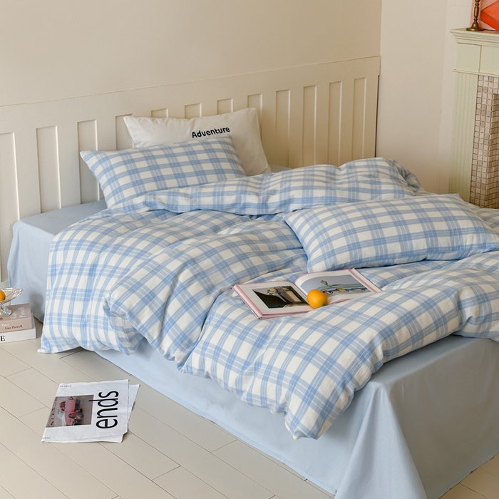 91家纺网 家纺一手货源 找家纺 （总）玛奇朵 2025春夏新品A类全棉水洗色织双层皱纱四件套-森系格纹